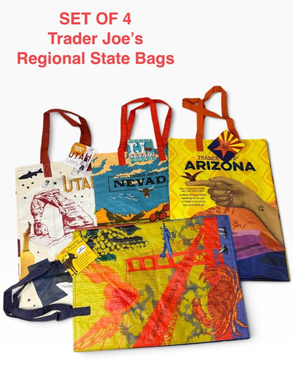 Set of 4 Trader Joe's Regional State Reusable Grocery Bags NWT 6 Gallon Tote NWT